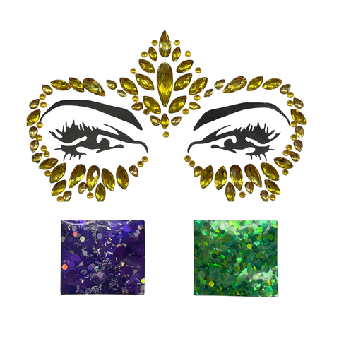 Gold Stick on Face Gems with Purple and Green Face and Body Glitter (Each)