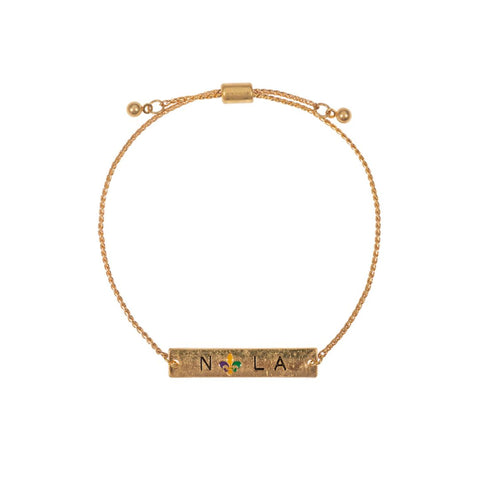 Mardi Gras Fleur de Lis NOLA Message Pull Tie Gold Cinch Bracelet (Each)