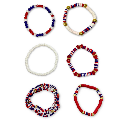Red, White and Blue Beaded Bracelets (Set of 10)