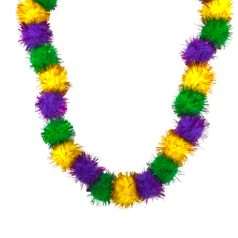 42" Mardi Gras Tinsel Pom Pom Necklace (Each)