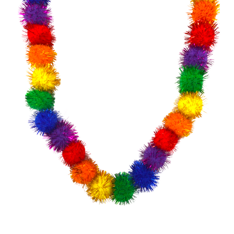 42" Rainbow Tinsel Pom Pom Necklace (Each)