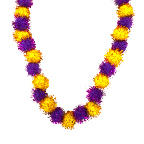 42" Purple and Yellow Tinsel Pom Pom Necklace (Each)