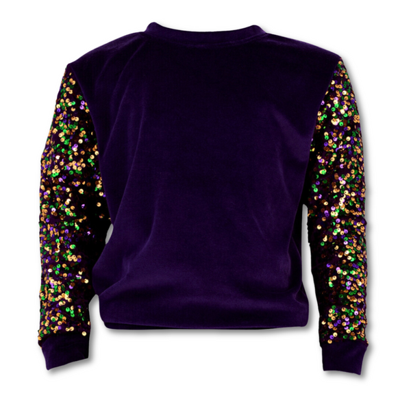 Kids Purple Velour Sweatshirt with Mardi Gras Sequin Sleeves (Each