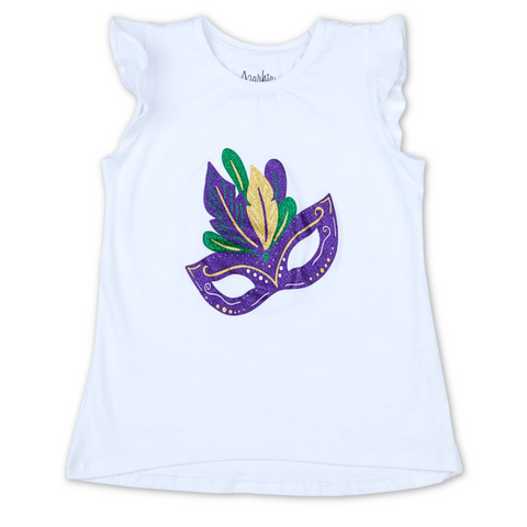 White Mardi Gras Glitter Mask Ruffle Shirt Kids (Each)