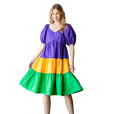 Mardi Gras Tiered Puff Sleeve Dress