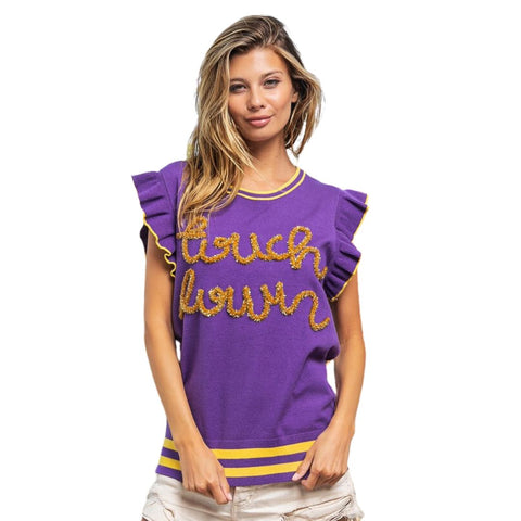 Touchdown Tinsel Lettering Purple and Gold Ruffled Armhole Sleeveless Sweater (Each)