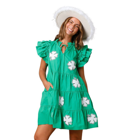 Green Ruffled Sleeve Tiered Dress with Sequin Clover Patches (Each)
