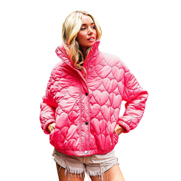 Heart Quilted Long Puffer Coat Neon Pink Quilted Heart Puffer