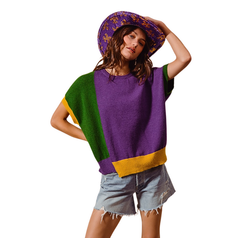Mardi Gras Color Block Oversized Short Sleeve Sweater (Each)