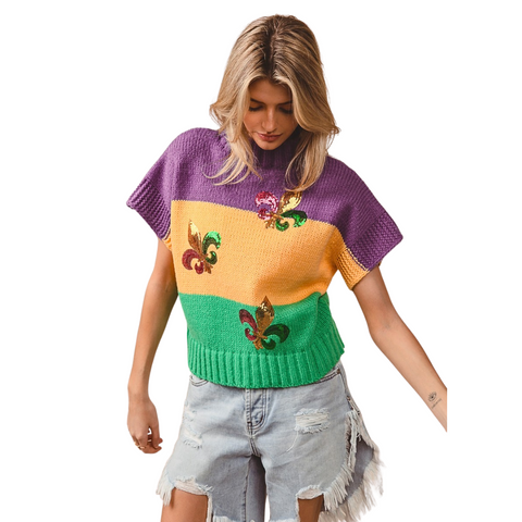Mardi Gras Sequin Fleur De Lis Color Block Drop Shoulder Sweater (Each)