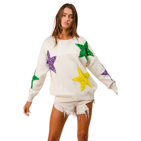 Ivory Mardi Gras Sequin Velvet Stars Sweater (Each)