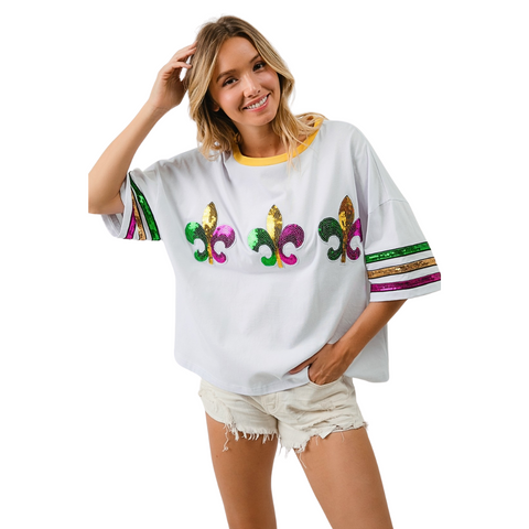 Off White Mardi Gras Sequin Fleur De Lis Patch Top (Each)