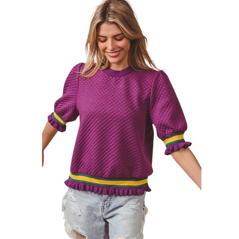 Purple Mardi Gras Quilted Puff Sleeve Top (Each)
