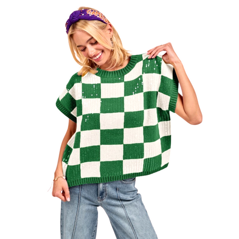 Green and White Game Day Sequin Checkered Top (Each)