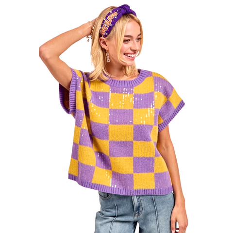 Purple and Yellow Game Day Sequin Checkered Top (Each)