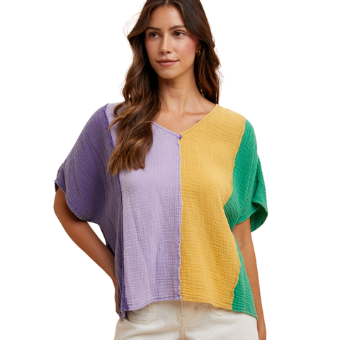 Mardi Gras Color Block Gauze Short Sleeve Top (Each)