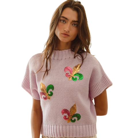 Lavender Mardi Gras Sequin Fleur De Lis Short Sleeve Sweater (Each)