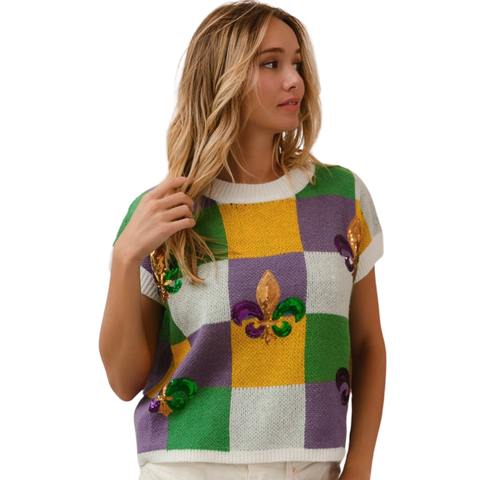 Ivory Mardi Gras Sequin Fleur De Lis Checkered Short Sleeve Sweater (Each)