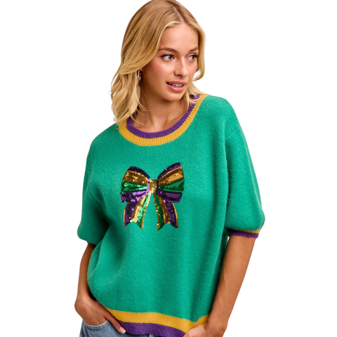 Green Mardi Gras Sequin Bow Short Sleeve Top (Each)