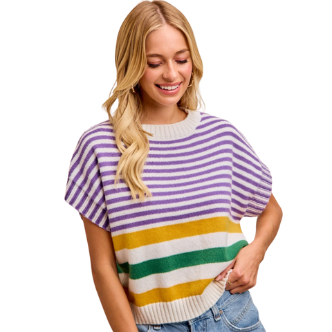 Ivory Mardi Gras Striped Sweater Short Sleeve Top (Each)