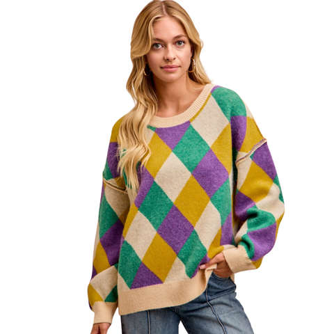 Mardi Gras Diamond Pattern Long Sleeve Sweater (Each)