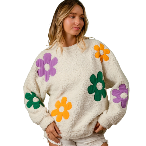 Ivory Mardi Gras Multi Color Flower Fleece Long Sleeve Sweater (Each)