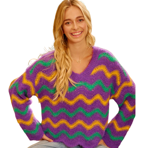 Purple Mardi Gras Wavy Stripe V-Neck Long Sleeve Sweater (Each)