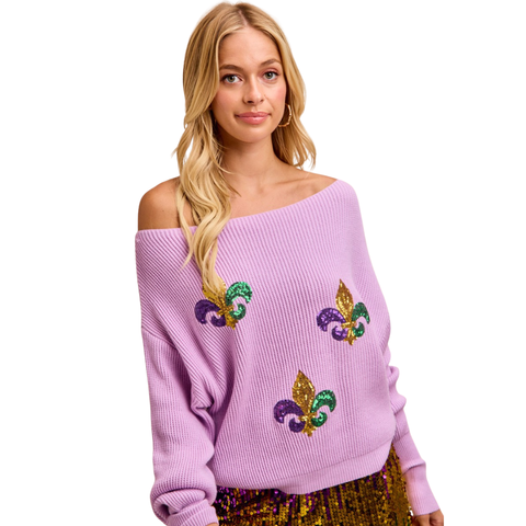 Lavender Sequin Fleur De Lis Off Shoulder Long Sleeve Sweater (Each)