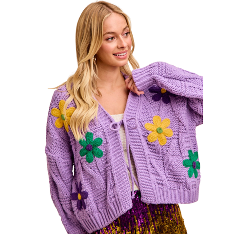 Lavender Mardi Gras Flower Patched Long Sleeve Cardigan (Each)