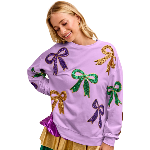 Lavender Mardi Gras Sequin Bow Long Sleeve Sweater (Each)