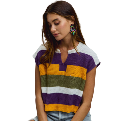 Mardi Gras Striped Dolman Short Sleeve Sweater (Each)