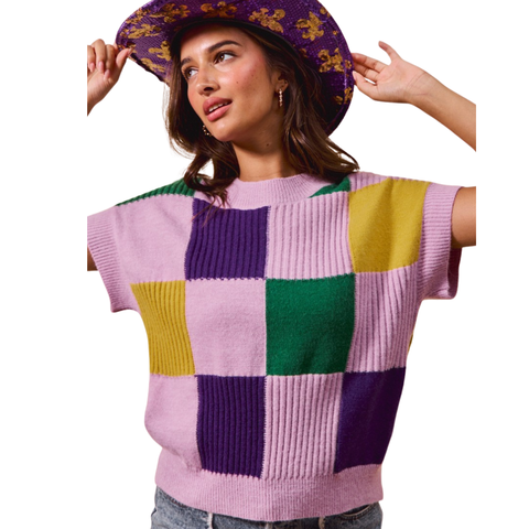 Lavender Mardi Gras Checkered Pattern Short Sleeve Sweater (Each)