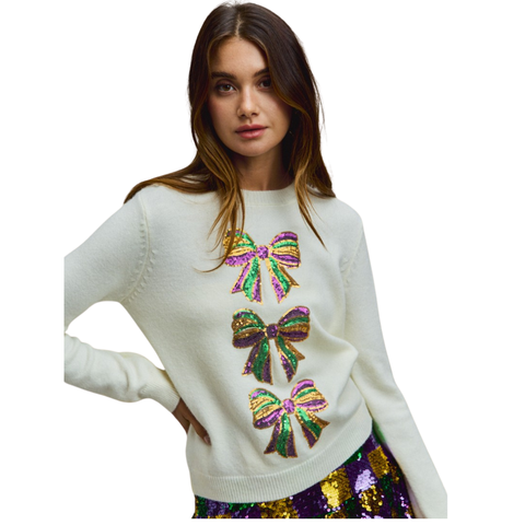 Ivory Mardi Gras Sequin Bow Long Sleeve Sweater (Each)