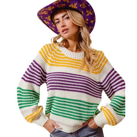 Ivory Mardi Gras Striped Raglan Long Sleeve Sweater (Each)