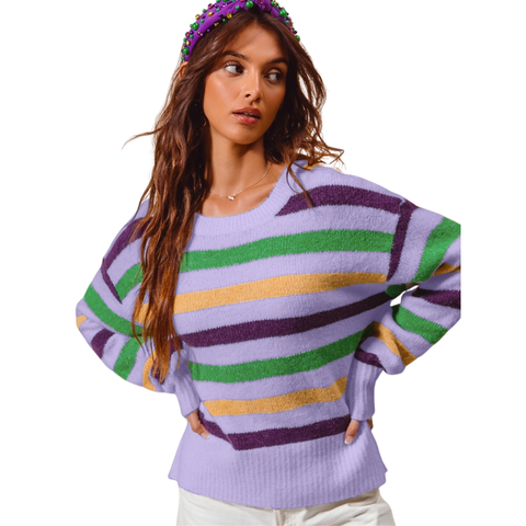 Lavender Mardi Gras Striped Round Neck Long Sleeve Sweater (Each)