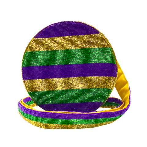 Purple, Green, and Gold Circle Mardi Gras Bead Bag with Strap (Each)