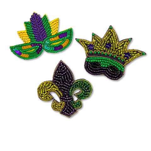 Purple, Green, & Gold Fleur De Lis, Crown & Mask Beaded Pins (Each)