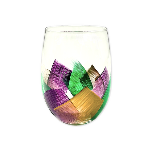 Painted Mardi Gras Stemless Wine Glass (Each)