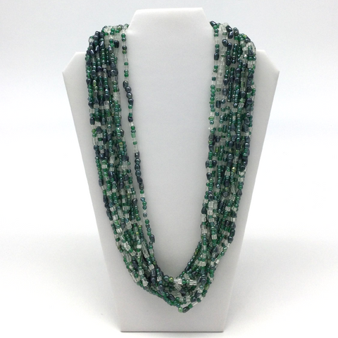 27" Clear and Green Glass Bead Necklace (Dozen)