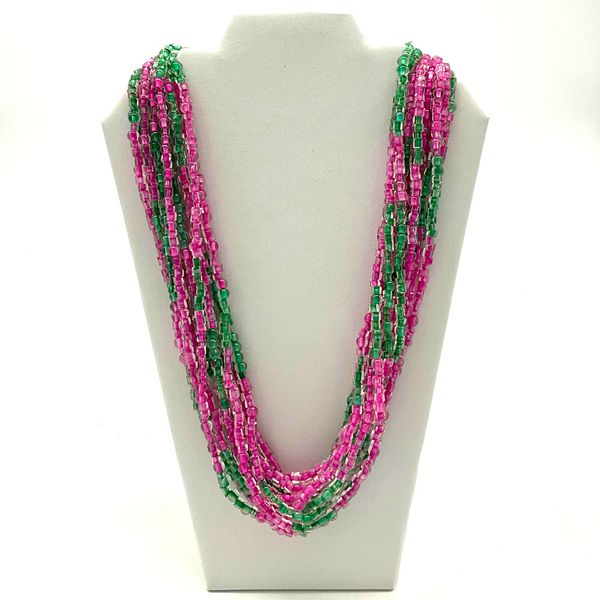 Pink ZigZag Necklace *Upcycled Paper Beads *Unconventional Necklace *Dark Pink & Dark Green *Leaf motifs *Gift for Nature lover order *All natural