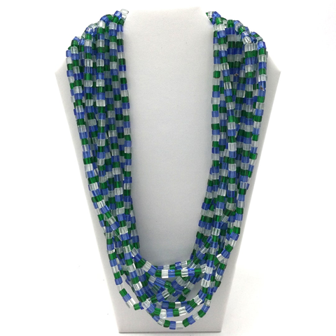 27" Blue & Green & Clear Square Glass Bead Necklace (Dozen)