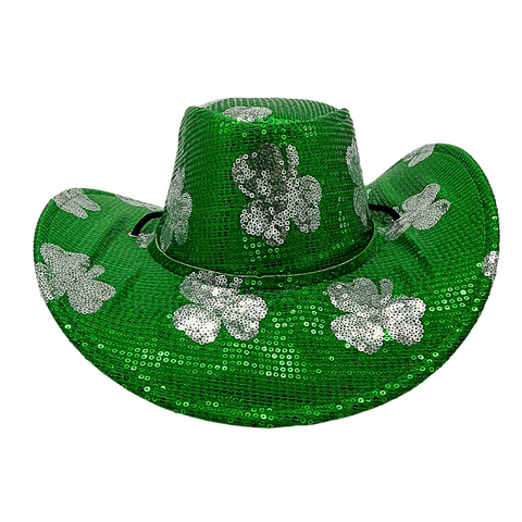 St. Patrick's Day Green Sequin Clover Cowboy Hat (Each)