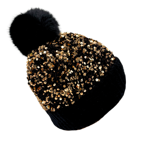 Chic Sequin-Embellished Knit Black Beanie with Pom-Pom C.C Sequin Pom Beanie for Women - Angora Stretchable Soft  main image 2