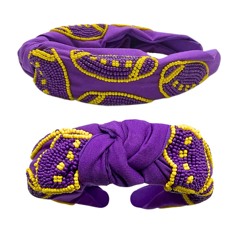 Purple and Yellow Seed Bead Football Headband (Each)