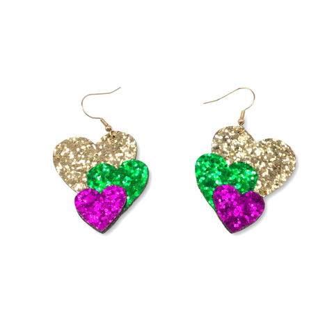 Purple, Green and Gold Glitter 3 Heart Earrings (Pair)