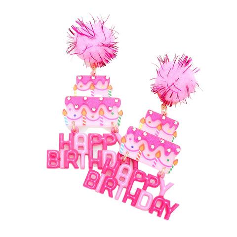 Pom Pom Glittered Resin Cake Happy Birthday Dangle Earrings - White (Pair)