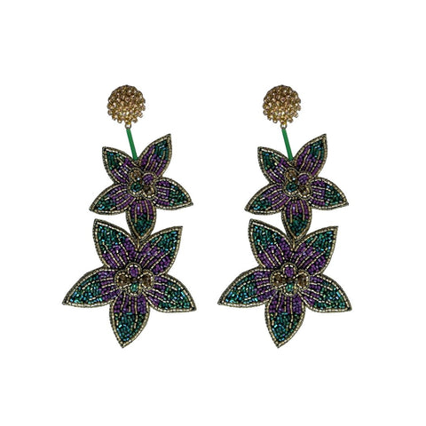 Purple, Green, and Gold Beaded Flowers Dangle Earrings (Pair)