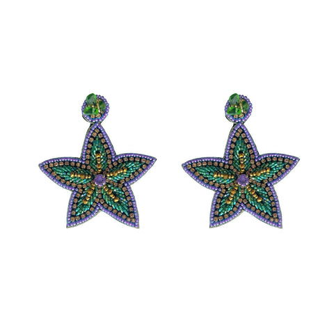 Purple, Green, and Gold Beaded Star Flower Earrings (Pair)