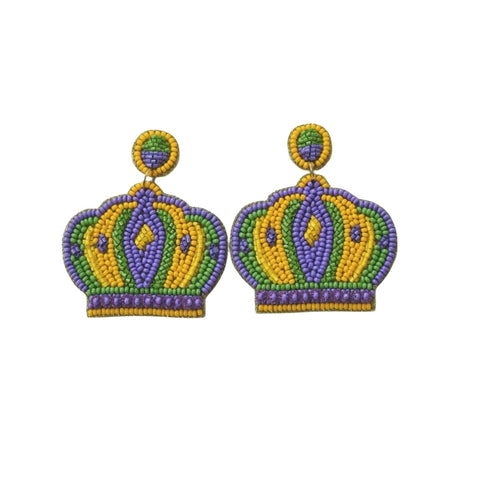 Mardi Gras Crown Seed Beaded Earrings (Pair)