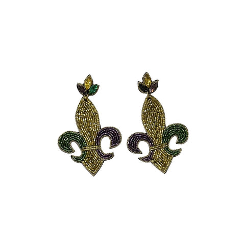 Mardi Gras Fleur de Lis Seed Beaded Sparkle Earrings (Pair)